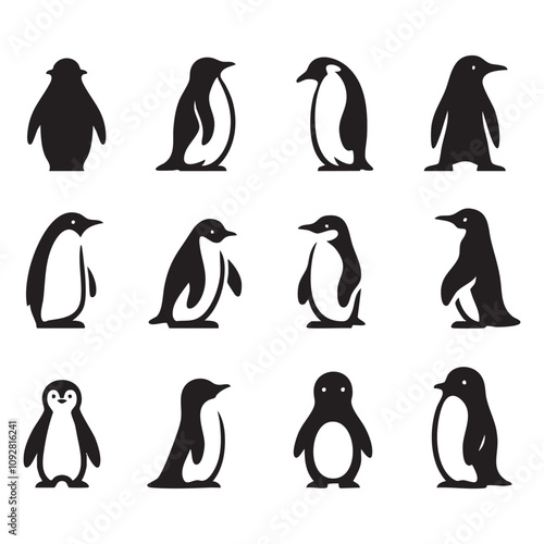 Set of penguin silhouette on white background