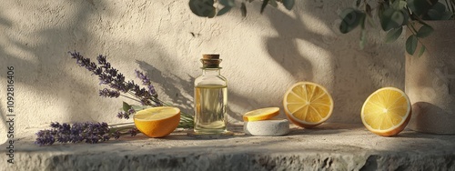 Bottles of lavender and orange essential oil. Selective focus photo