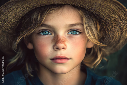 Close-up portrait of a young Caucasian girl with striking blue eyes and freckles, wearing a straw hat.