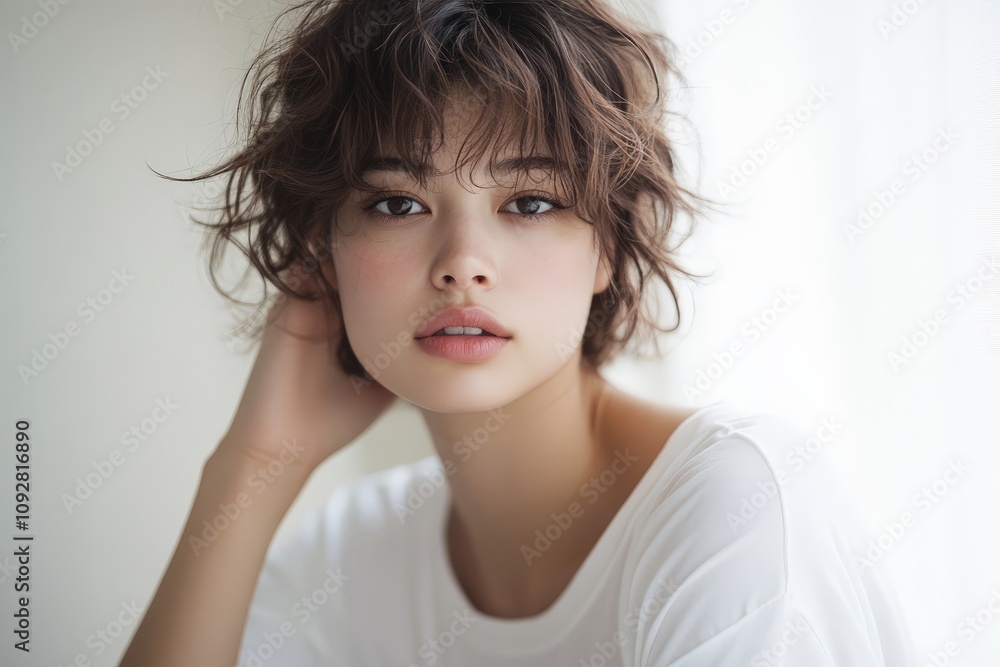 A young woman with tousled short hair poses in natural light, conveying a serene and introspective mood. She wears a casual white shirt, gazing softly ahead. A young woman with tousled short hair poses in natural light, conveying a serene and introspective mood. She wears a casual white shirt, gazing softly ahead.