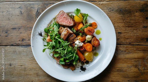 ploughman's lunch on a white plate, top view photo