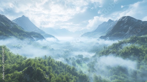 A mountain range with a foggy sky and a few trees