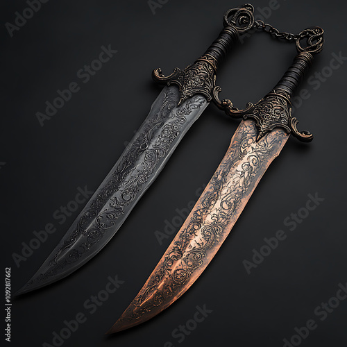 Two fantasy curved blade daggers linked by chain, showcasing intricate designs and contrasting finishes. These weapons evoke sense of mystery and adventure photo