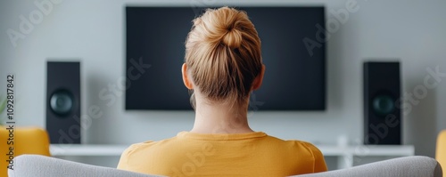 A person with a bun hairstyle sits on a couch, facing a television set in a cozy living room, with speakers on either side.