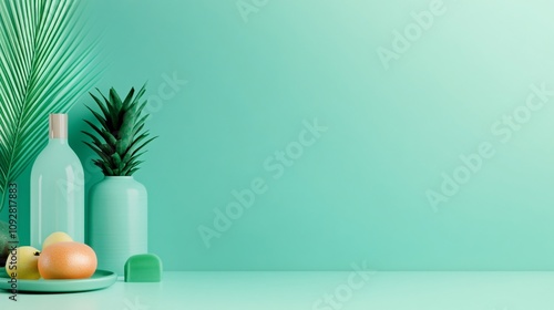 Modern still life arrangement featuring tropical fruits and green decor elements. Generative AI