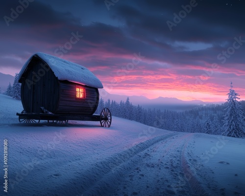 A cozy cabin in a snowy landscape, illuminated by a warm glow, against a backdrop of a colorful sunset. photo