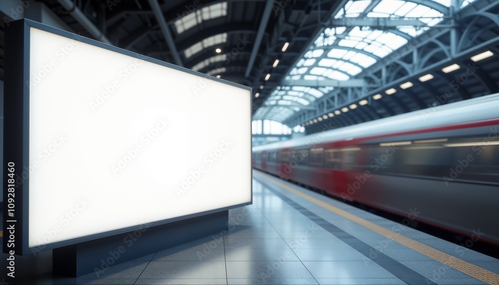 Obraz premium Empty advertising billboard in a busy train station platform with moving train and copy space