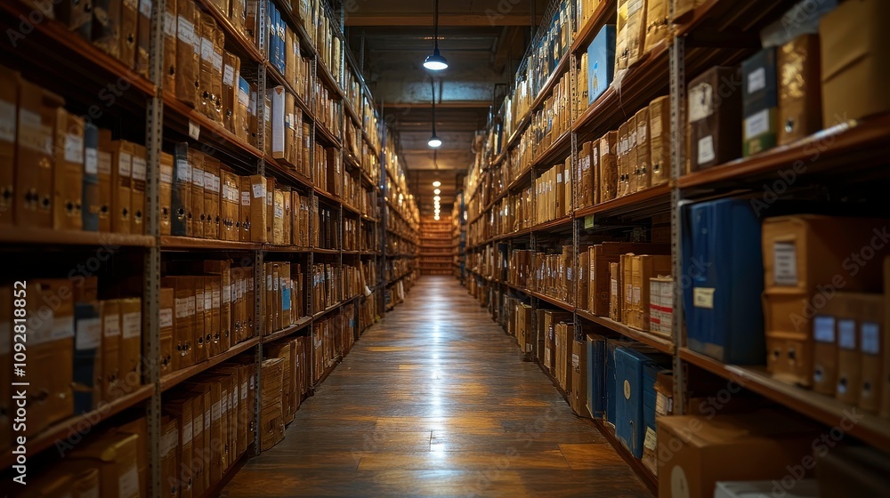 Organized Archive of Cardboard Boxes and Files in a Large Library with Shelves Stacked Full of Documents and Papers, Illuminated by Overhead Lights Organized Archive of Cardboard Boxes and Files in a Large Library with Shelves Stacked Full of Documents and Papers, Illuminated by Overhead Lights
