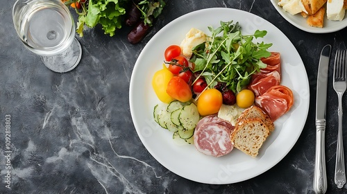 ploughman's lunch on a white plate, top view photo