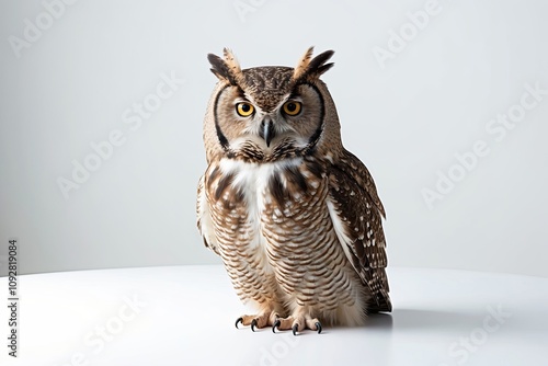 Turkmenian Eagle owl bubo bubo turcomanus sitting side ways isolated on white background looking over shoulder in lens
 photo