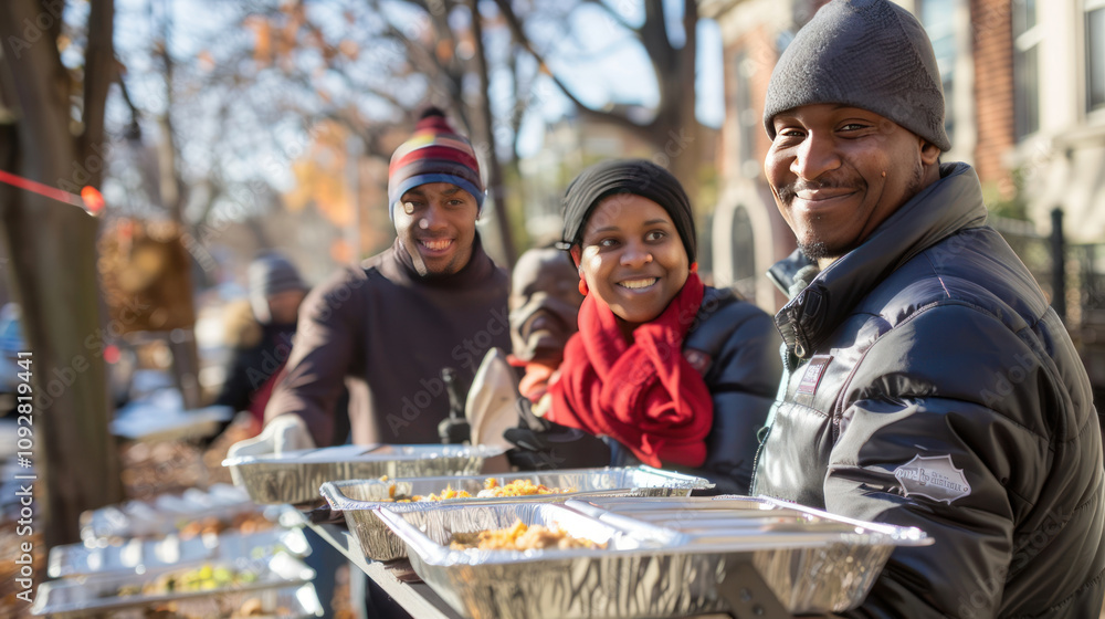 Family volunteering on Thanksgiving, distributing meals to the less fortunate, smiles and gratitude all around, creating a warm and meaningful day Family volunteering on Thanksgiving, distributing meals to the less fortunate, smiles and gratitude all around, creating a warm and meaningful day