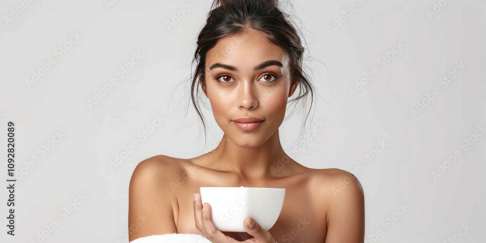 Hispanic woman with flawless skin, holding a product mock-up gracefully, perfect for a premium beauty ad with a sleek and modern minimalist design Hispanic woman with flawless skin, holding a product mock-up gracefully, perfect for a premium beauty ad with a sleek and modern minimalist design