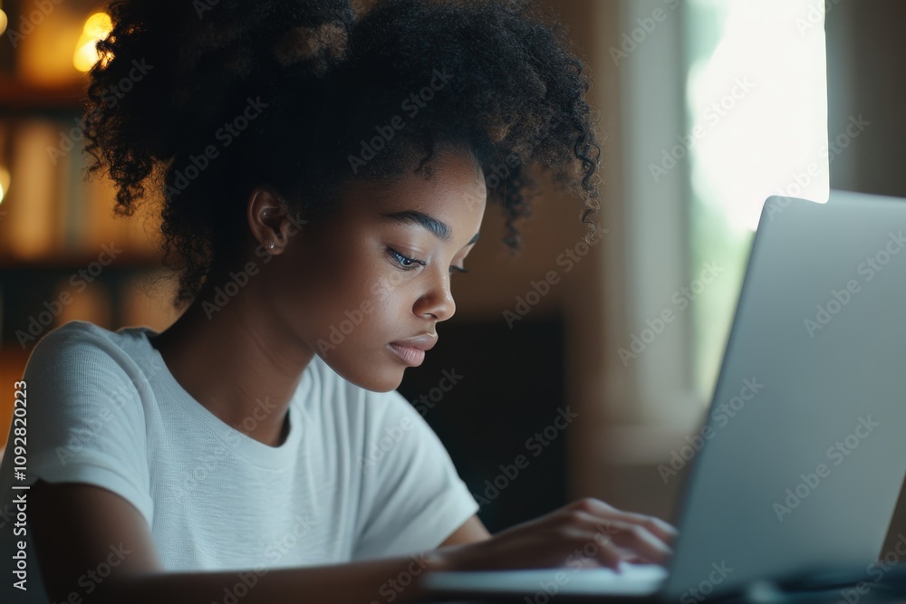 A young woman with curly hair deeply focused on working at her laptop in a warmly lit room, representing concentration, dedication, and modern technology. A young woman with curly hair deeply focused on working at her laptop in a warmly lit room, representing concentration, dedication, and modern technology.