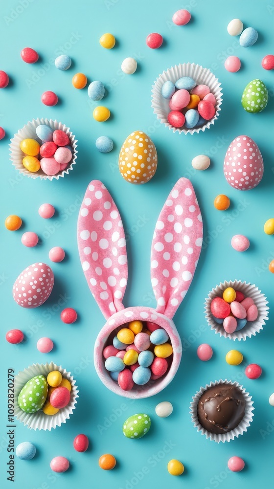 Easter bunny ears with chocolate eggs and candies Easter bunny ears with chocolate eggs and candies