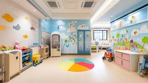 Colorful children's hospital hallway with toys and vibrant decor. Walls are adorned with artwork, creating a welcoming and playful environment. Generative by AI