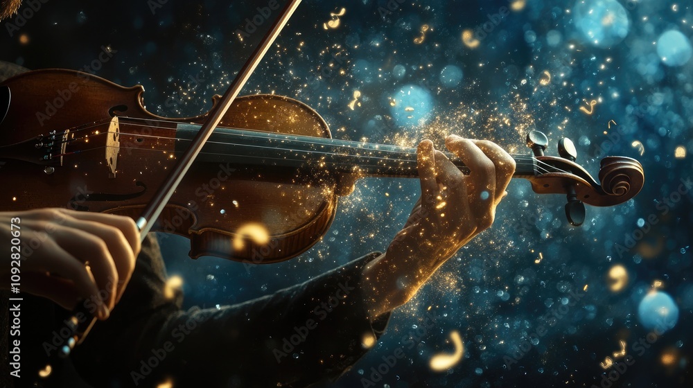 Fototapeta premium Close-up of violin being played in a dimly lit setting, surrounded by glowing sparkles. Captures the artistry and emotion of the music. Generative by AI