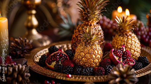 Luxurious fruit arrangement with golden pineapples, ruby red pomegranate seeds, and blackberries on a golden tray, candlelit dinner atmosphere, rich and moody