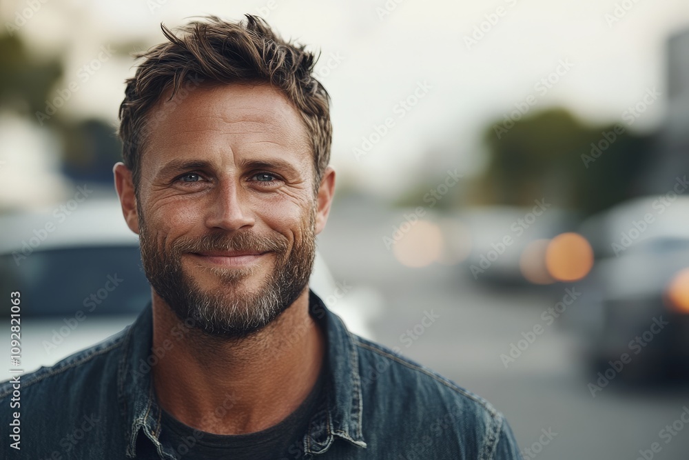 A casually dressed man radiates contentment as he stands against a blurred urban street backdrop, capturing the essence of happiness, simplicity, and everyday life. A casually dressed man radiates contentment as he stands against a blurred urban street backdrop, capturing the essence of happiness, simplicity, and everyday life.
