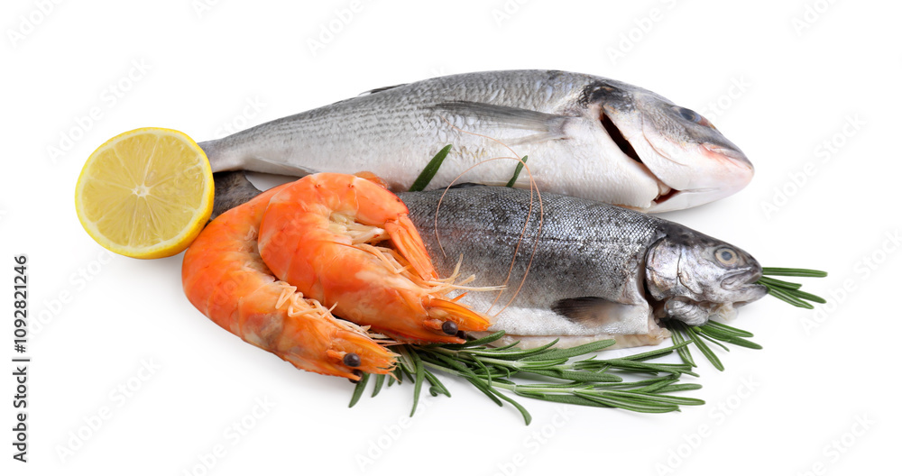 Different fresh sea food with spices isolated on white Different fresh sea food with spices isolated on white