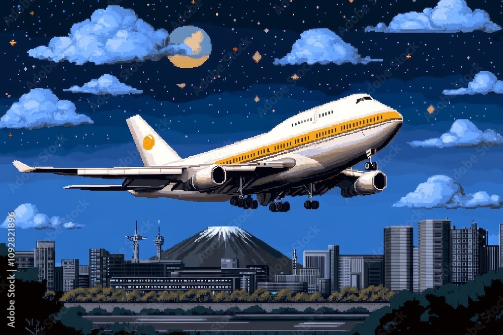 Pixel art of an airplane flying above a retro-style cityscape, with vibrant pixelated clouds and sky Pixel art of an airplane flying above a retro-style cityscape, with vibrant pixelated clouds and sky