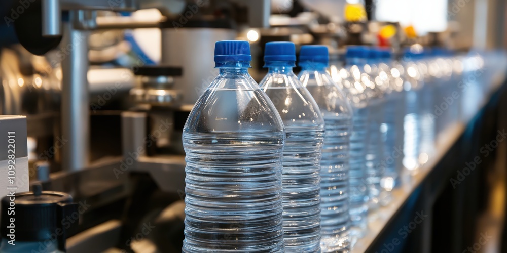 Clear plastic water bottles lined up in a production line, illuminated by soft lighting, showcasing the modern process of bottling fresh, clean drinking water. Clear plastic water bottles lined up in a production line, illuminated by soft lighting, showcasing the modern process of bottling fresh, clean drinking water.