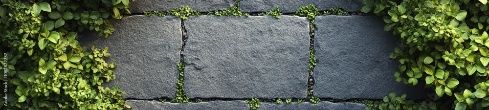 Top View of Stone Garden Path Bordered by Green Leaves, Minimalist Aesthetic Top View of Stone Garden Path Bordered by Green Leaves, Minimalist Aesthetic