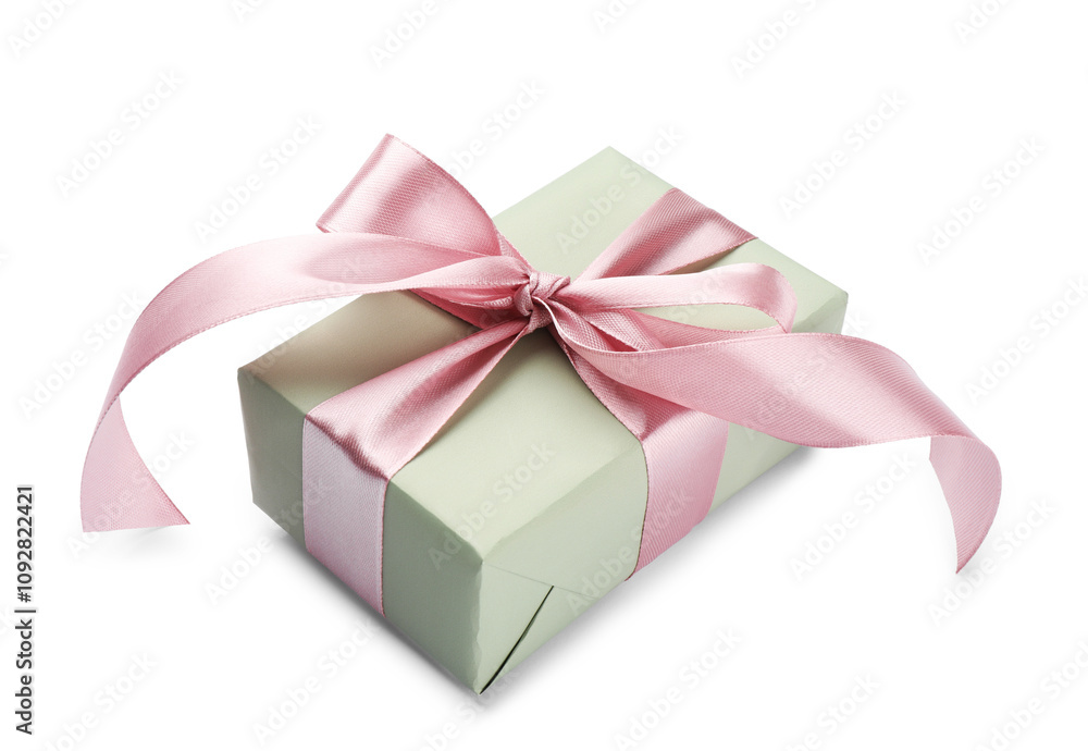 Obraz premium Beautiful gift box with pink bow isolated on white
