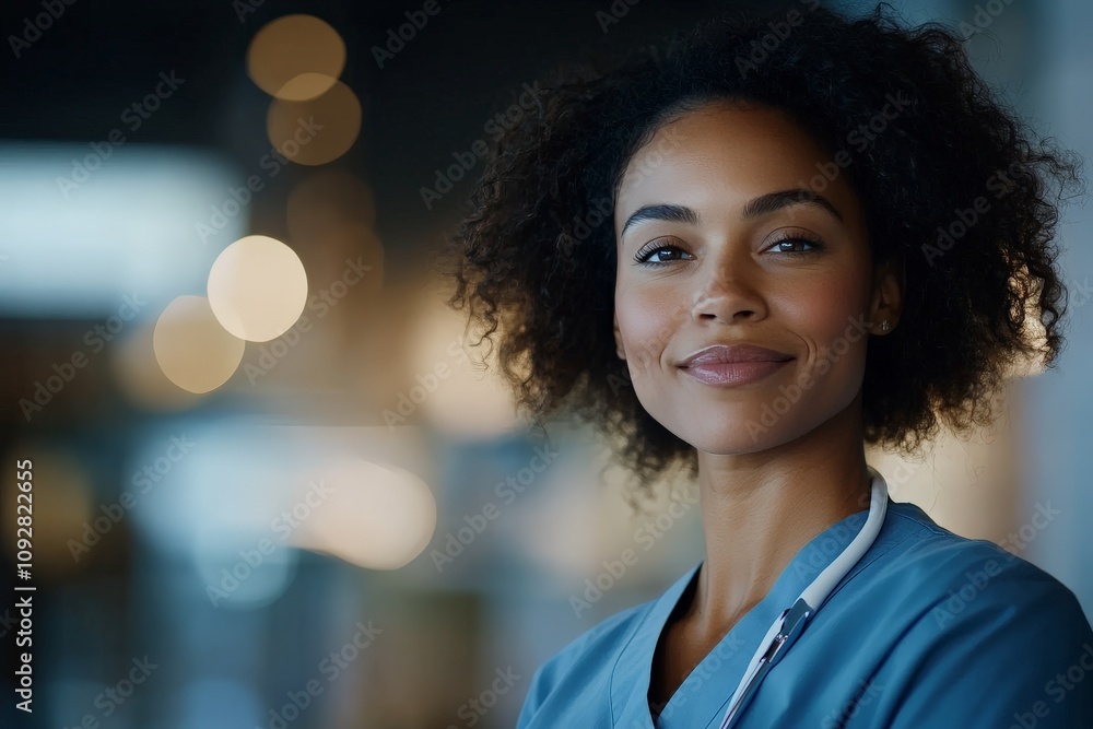 A confident healthcare worker smiles in their blue uniform, embodying compassion and dedication in a well-lit clinical setting, symbolizing trust in healthcare. A confident healthcare worker smiles in their blue uniform, embodying compassion and dedication in a well-lit clinical setting, symbolizing trust in healthcare.