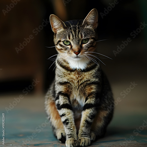 Striking Portrait of a Tabby Cat with Green Eyes Sitting Gracefully in a Soft Focus Background, Capturing Its Unique Expression and Details of Its Fur