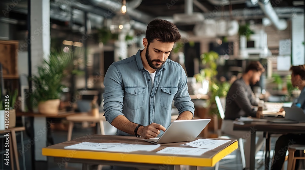 Successful and handsome businessman smiling and working in a modern office Successful and handsome businessman smiling and working in a modern office