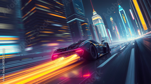 A futuristic car speeding through a neon-lit city at night illustration. Generative AI photo