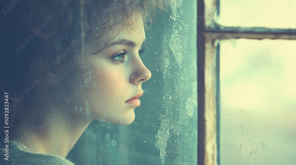 Girl gazing thoughtfully out a window on a rainy day. Generative AI Girl gazing thoughtfully out a window on a rainy day. Generative AI