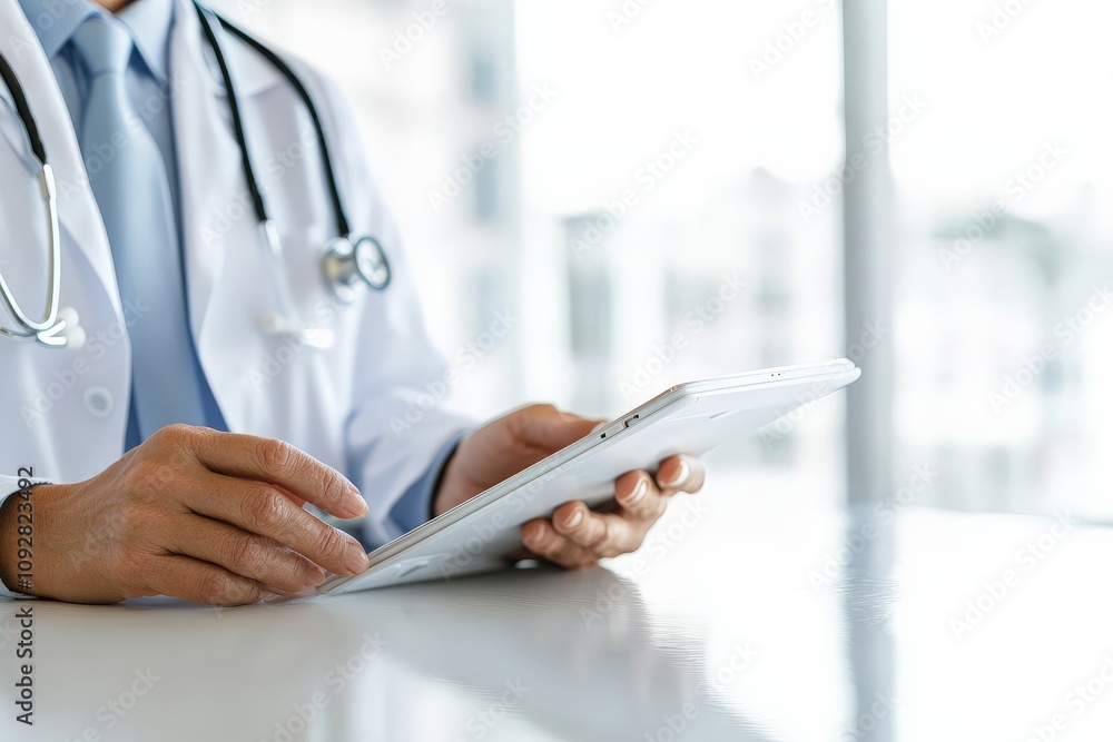 A doctor in a crisp white coat is examining a tablet in a brightly lit medical office, symbolizing professionalism, care, and technological advancement in healthcare. A doctor in a crisp white coat is examining a tablet in a brightly lit medical office, symbolizing professionalism, care, and technological advancement in healthcare.