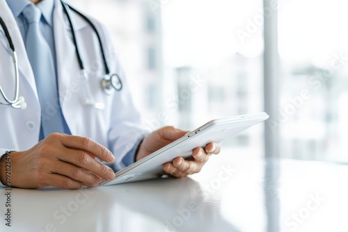 A doctor in a crisp white coat is examining a tablet in a brightly lit medical office, symbolizing professionalism, care, and technological advancement in healthcare.