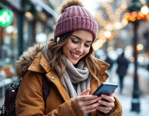 Beautiful woman using mobile phone while listening voice note with wireless earbuds. Smiling girl changing songs from smart phone in a city street. Happy smiling woman chatting on smartphone in winter photo