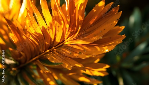 a close up of a flowerNatural light golden leaf close-up with raindrops  with the sun shining on it. photo