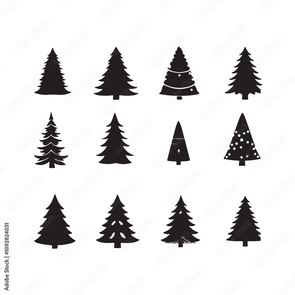 Obraz premium Christmas tree icon set. Vector illustration of pine silhouette