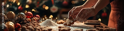 Close-up of a woman preparing Christmas cookies. Selective focus