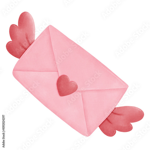 Watercolor envelope with angel wings and heart, Valentine love letter