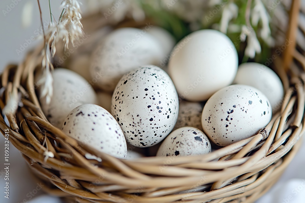 Chicken eggs in wicker basket, nine colored eggs, green, brown and white. Chicken eggs in wicker basket, nine colored eggs, green, brown and white.