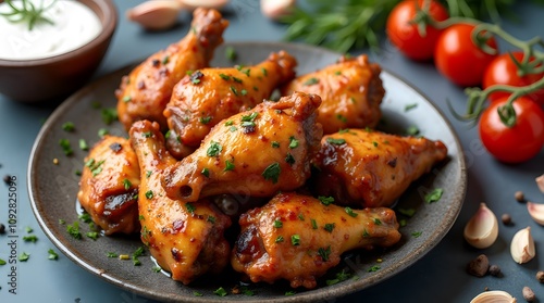 Fried chicken meat lies on a plate. Glossy crust of chicken drumsticks. Baked meat advertisement.