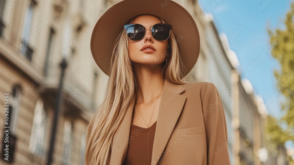 Stylish woman in brown blazer and hat enjoying a sunny day on a city street. Generative AI Stylish woman in brown blazer and hat enjoying a sunny day on a city street. Generative AI