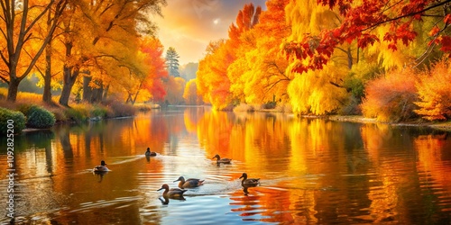Autumn Landscape with Vibrant Orange and Yellow Trees Reflecting in Calm Water, Ducks Swimming in Serene Lake Under Soft Morning Light