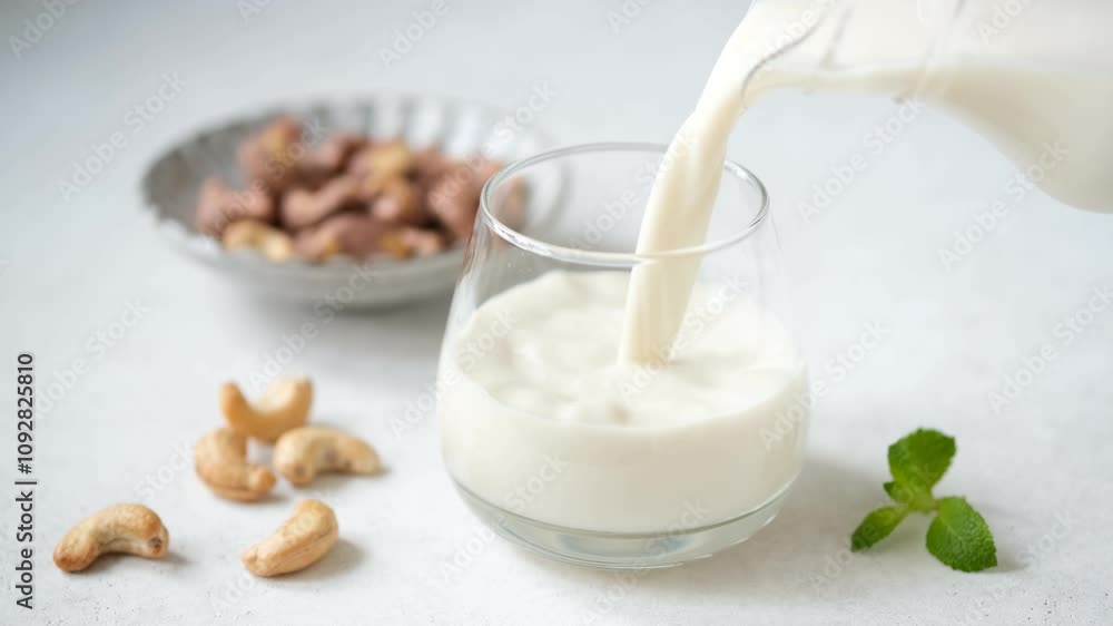 Organic vegetarian and vegan cashew milk in a glass, closeup view. Healthy Alternative milk choice Organic vegetarian and vegan cashew milk in a glass, closeup view. Healthy Alternative milk choice