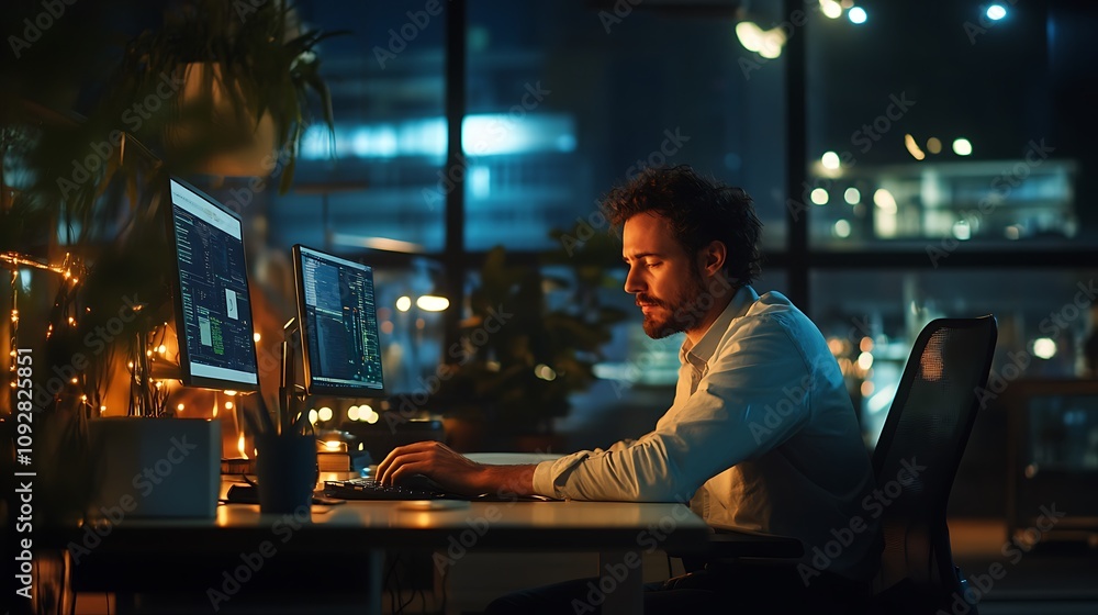 Successful and handsome businessman smiling and working in a modern office