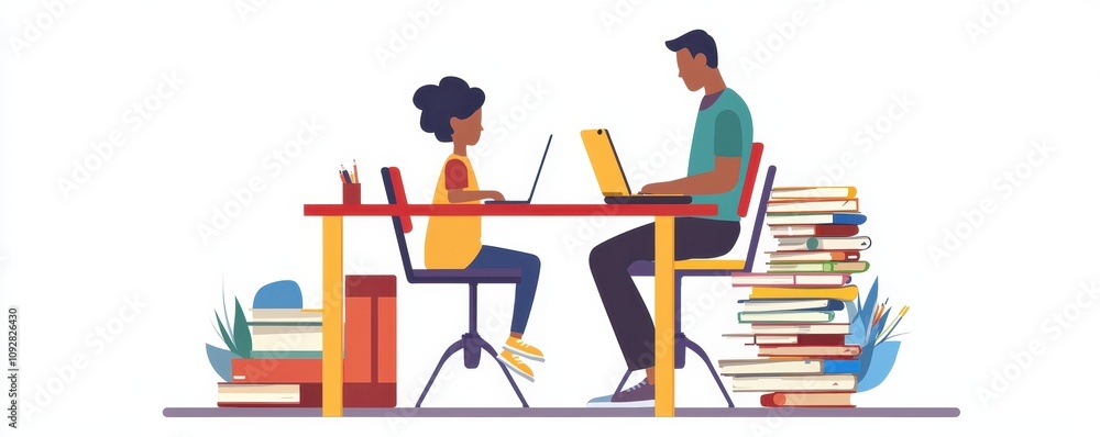 A child and an adult working together at a desk with laptops, surrounded by books, representing learning and collaboration. A child and an adult working together at a desk with laptops, surrounded by books, representing learning and collaboration.