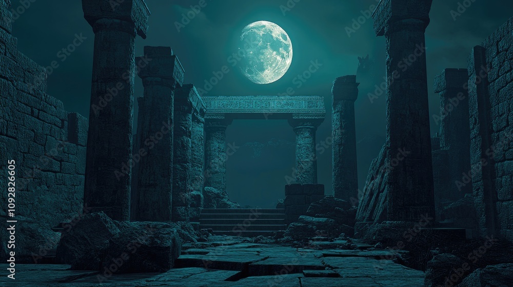 Obraz premium Massive ancient temple ruins bathed in green moonlight surrounded by fog in a desolate and eerie setting. Generative AI