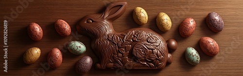 Chocolate bunny with colorful candies on rustic background