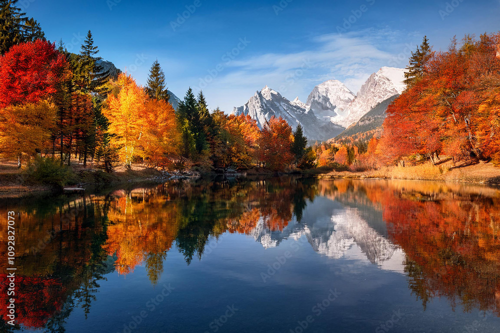 Tranquil lake surrounded by autumn trees and mountains, with vibrant red, orange, and yellow leaves mirrored on the water's surface, ai.