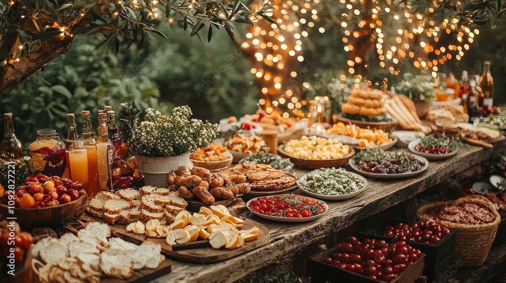 Vibrant outdoor buffet spread with a variety of delicious foods and drinks Vibrant outdoor buffet spread with a variety of delicious foods and drinks